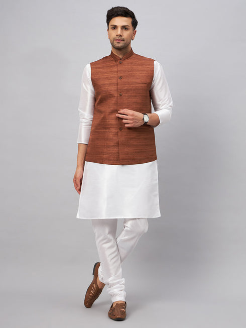 Vastramay Men's Coffee Matka Silk Nehru Jacket With White Silk Blend Kurta Pyjama Set